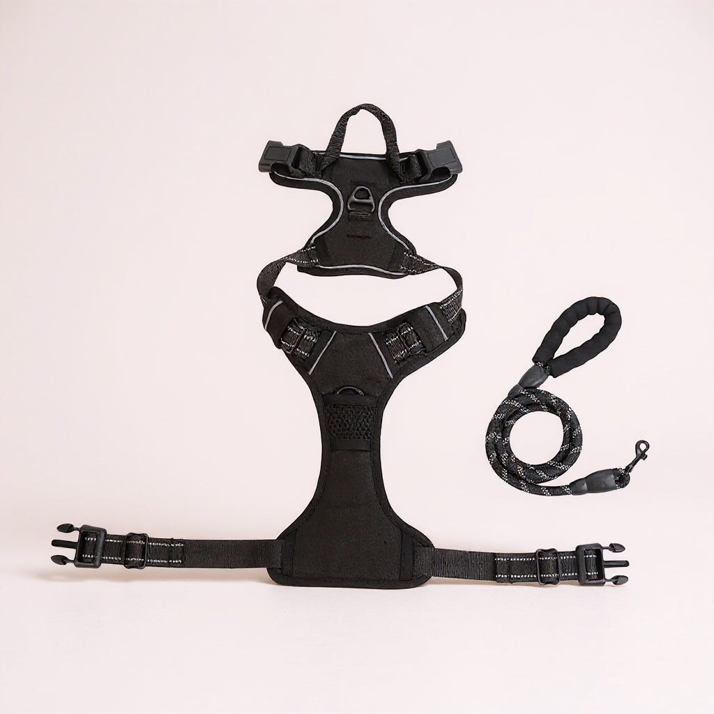 Harnais anti-traction pour chien + laisse assortie, noir