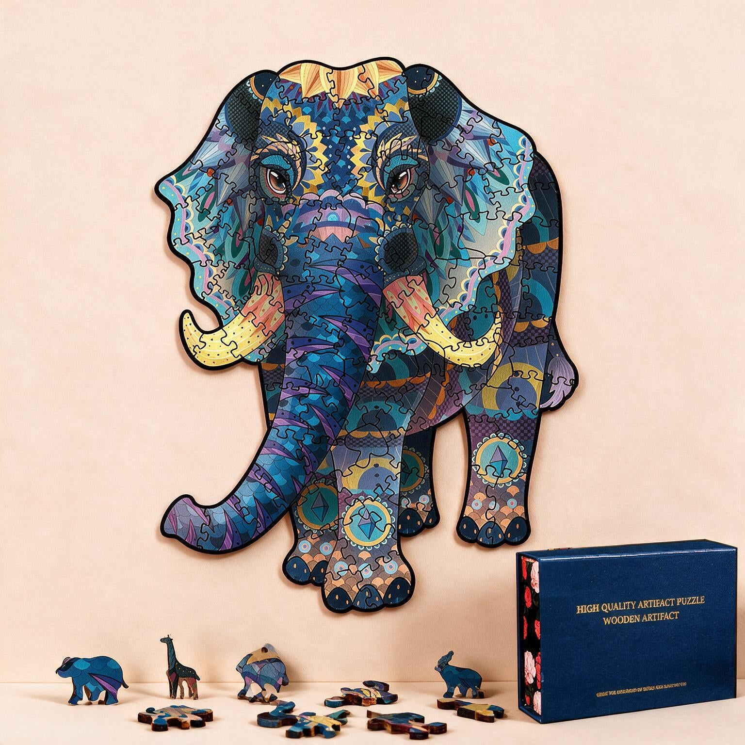 Puzzle en bois éléphant coloré, grand format (coffret cadeau)