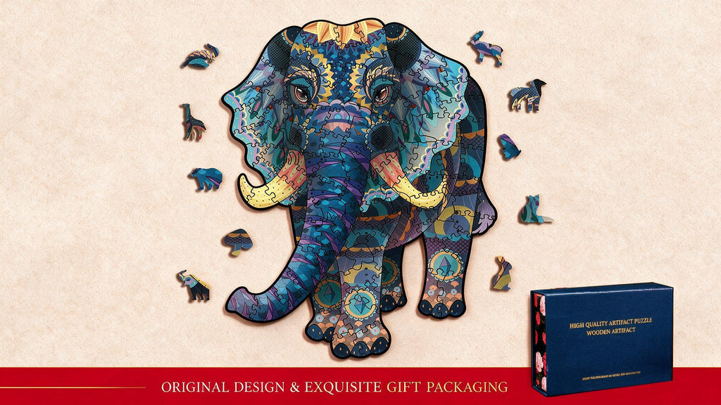 Puzzle en bois éléphant coloré, grand format (coffret cadeau)