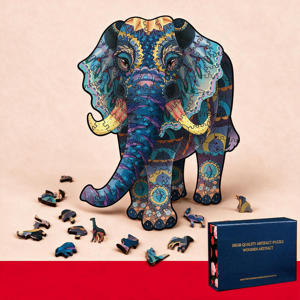 Puzzle en bois éléphant coloré, grand format (coffret cadeau)