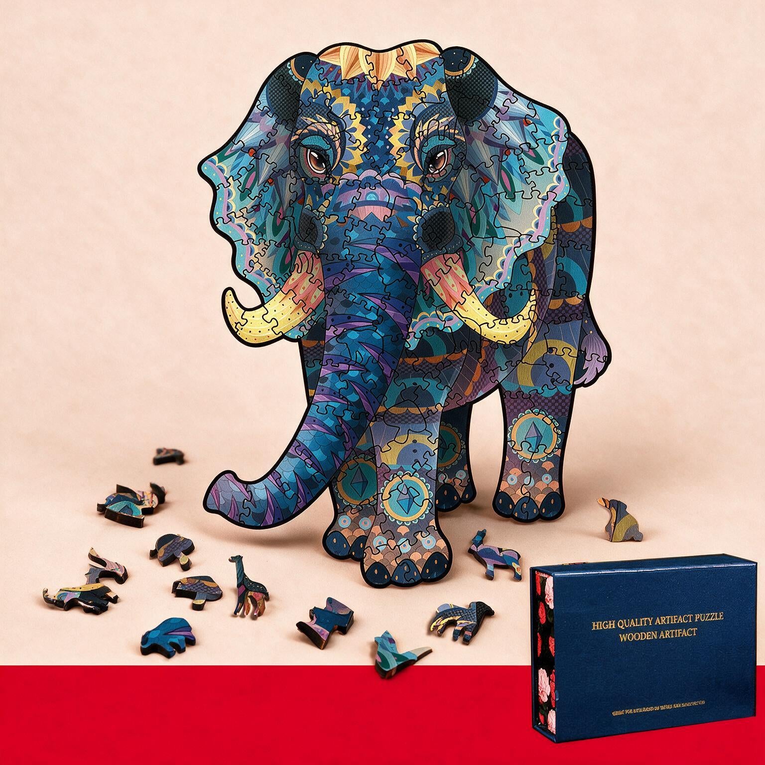 Puzzle en bois éléphant coloré, grand format (coffret cadeau)