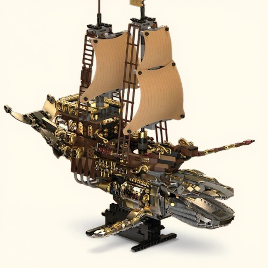 Maquette steampunk lumineuse à construire (briques, mécanisme animé)