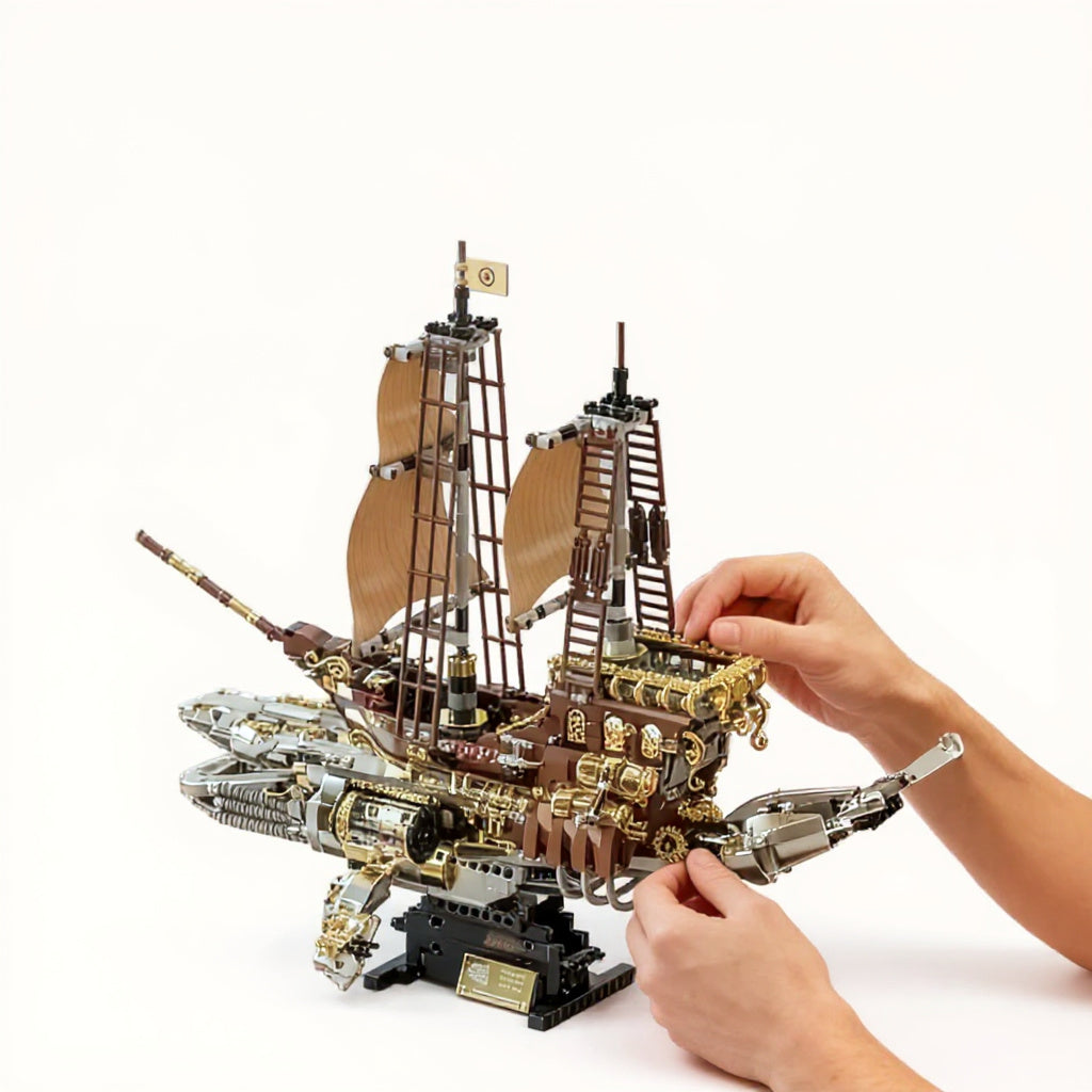 Maquette steampunk lumineuse à construire (briques, mécanisme animé)